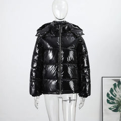 Women Glossy Zipper Hooded Jacket | Windbreaker | Pleated | Short Jacket | Cotton