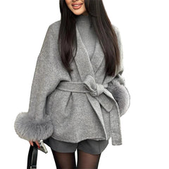 Women Fur Woolen Coat | Short Coat | Elegant Double-Sided Wool Overcoat | Cardigan Jacket | Long Wrap Coat