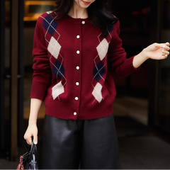 Women Argyle Cashmere Knitted Cardigan | Diamond Check Sweater | Wool