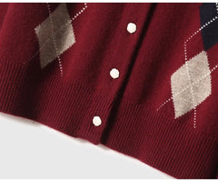 Women Argyle Cashmere Knitted Cardigan | Diamond Check Sweater | Wool