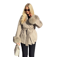 Women Fur Woolen Coat | Short Coat | Elegant Double-Sided Wool Overcoat | Cardigan Jacket | Long Wrap Coat