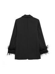 Women Satin Black With Feather Blazer Jacket | Vintage | Notched Neck