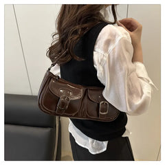 Women Vintage Double Pockets Shoulder Bag | Leather Bag