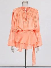 Women Flowy Mini Dress | V Neck | Long Sleeve | Spliced | Lace Up | Blouse Dress