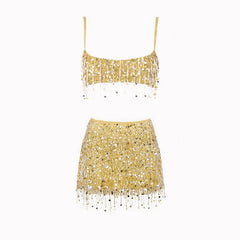 Women Summer Tassel Top With Mini Skirt Set | Sequin Crop Top | Backless | Beach Holiday