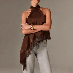 Women Asymmetrical  Lace Satin Top | Silk Vest | Draped Choker | Halter Neck | Cami