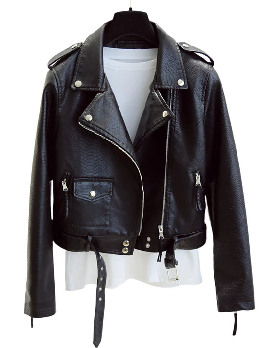 Women Biker Leather Jacket with Belt