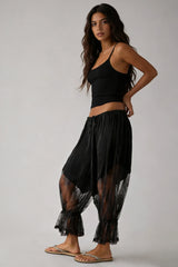 Women Loose Fit Bloomers Cropped Pants | High Waist | Floral Lace | Lantern Trousers