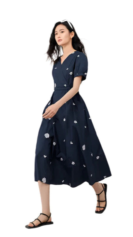 Women Embroidered Cotton Summer Dress | V-Neck Floral Dress