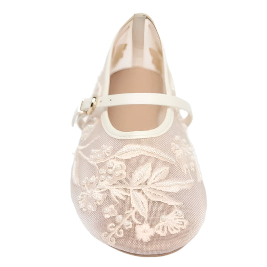 Women Embroidered Pearl Mesh Ballet Flats | Round Toe Flat Sandals | Belt Buckle Mary Jane Shoes
