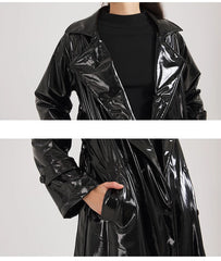 Women Black Shiny Leather Trench Coat | Luxury Designer | Floor Length | Glossy Leather Coat | Reflective | Soft Patent