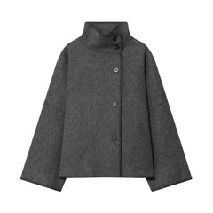 Women Short Jacket | Wide Shoulder | Vintage High Neck | Long Sleeve | Cape Coat