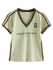 Women Summer Cotton V Neck Sporty Cropped Jersey Tee | Y2K |  Breathable