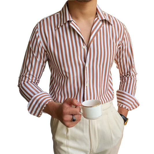 Men Business Striped Shirt | Cuban Collar | Long Sleeve Shirt | Office Shirt | Tuxedo Shirt