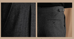 Men Vintage Wool Herringbone Pattern Pants | Casual | British | Warm | High Waist | Straight Pants