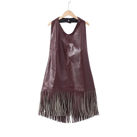 Women Vintage Leather Tassel Vest | Sleeveless | Backless | Halter Top