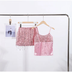 Women Pink Summer Tassel Top With Mini Skirt Set | Sequin Crop Top | Backless