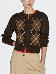 Women Diamond Plaid Round Neck Cardigan | Knitted Sweater | Autumn