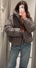 Women Plaid Puffer Jacket | Stand-Collar | Padded | Warm | Check | Parkas Jacket