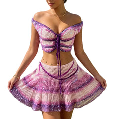 Women Knitted Butterfly Crop Top | Off Shoulder | Sequin Tie-Up Top | Backless