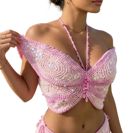 Women Knitted Butterfly Crop Top | Off Shoulder | Sequin Tie-Up Top | Backless