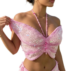 Women Knitted Butterfly Crop Top | Off Shoulder | Sequin Tie-Up Top | Backless