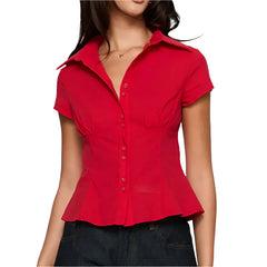 Women Short Sleeve Plaid Button Down Shirt | Button Down Blouse | Fitted Top