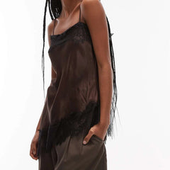 Women Summer Vintage Lace Satin Asymmetrical Slip Top | Tank Top | Sleeveless | Backless | Spaghetti Strap