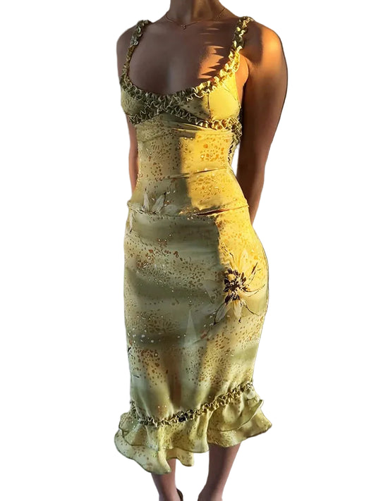 Women Ruffle Floral Set | Y2K | Camisole Top | Tiered Skirt | Vacation | See Through