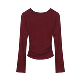 Women Burgundy Two-Piece Suit | Long Sleeve T-Shirt and High Waist Leather Skirt