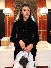 Women Napoleon Jacket | Black Velvet Tassel Jacket | Knot Button | Asymmetric Hem | Long Sleeve | Slim Fit | Elegant Coat