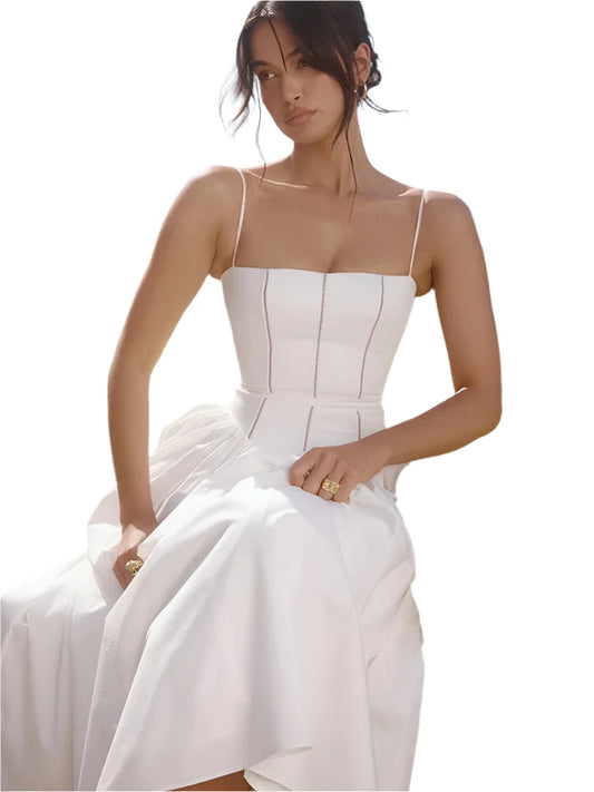 Women White Summer Long Dress | Flare Hollow Out Dress