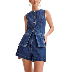 Women Summer Denim Vest | Denim Top | High Waist Wide Leg Shorts | Set