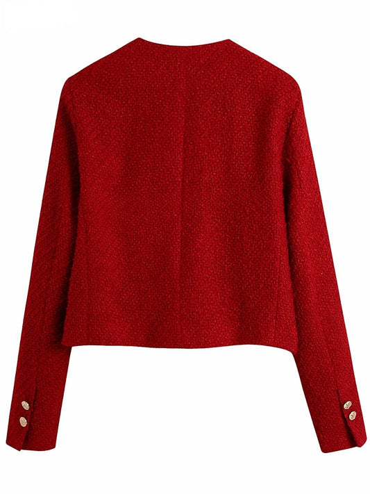 Women Vintage Cherry Red Tweed Blazer