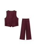 Women Burgundy Button Fitted Waistcoat and Wide Leg Pants | 2 Piece Set | High Waist Pleated Pants