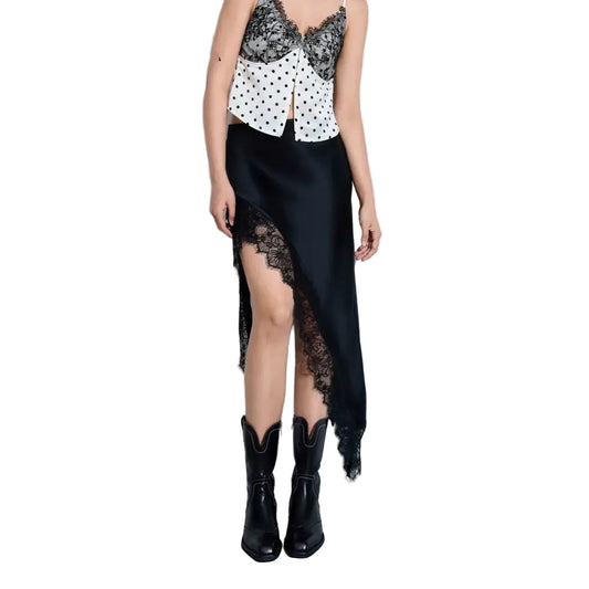 Women Black Satin Midi Skirt | Lace Patchwork | Asymmetrical Skirt | High Waist | Slit