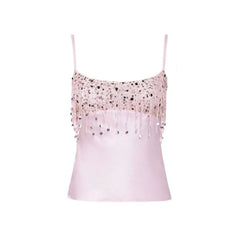 Women Pink Summer Tassel Top With Mini Skirt Set | Sequin Crop Top | Backless