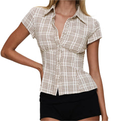Women Short Sleeve Plaid Button Down Shirt | Button Down Blouse | Fitted Top