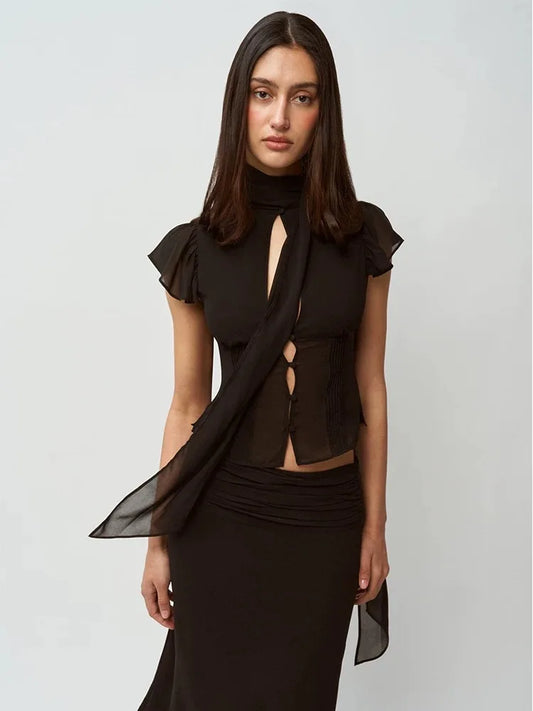 Women Summer Set | Chiffon Top | Chiffon Skirt | Midi Skirt | Short Top | Waist Cinching