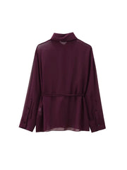 Women Burgundy Blouse | Lapel Bowknot Decorated Drape | Long Sleeve Slim Waist Shirt