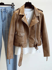 Women Biker Leather Jacket with Belt