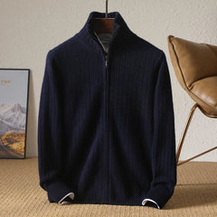 Men Merino Wool Stand-Up Collar Cardigan | Business Casual | Warm Zipper Jacket