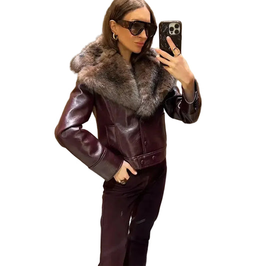 Women Patchwork Leather Jacket | Detachable Collar | Double Breasted | Winter