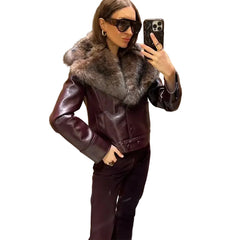 Women Patchwork Leather Jacket | Detachable Collar | Double Breasted | Winter