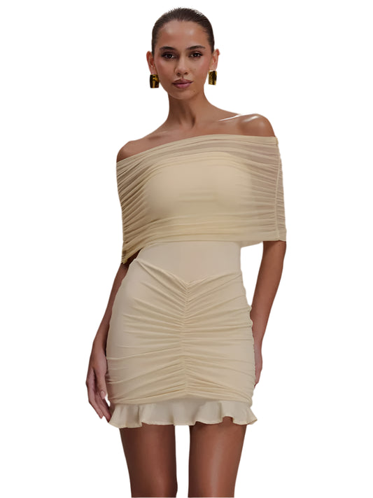 Women Ruffled Mesh Off-Shoulder Mini Dress | Backless Short Party Dress