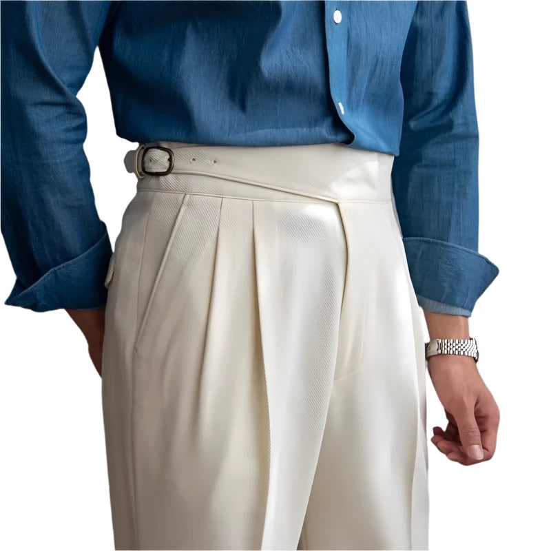 Men Vintage British Style Suit Pants | High Waisted Straight Pants | Smart Casual High Waist | Adjustable Pants Beige / 32 Men Vintage British Style Suit Pants | High Waisted Straight Pants | Smart Casual High Waist | Adjustable Pants Beige / 32