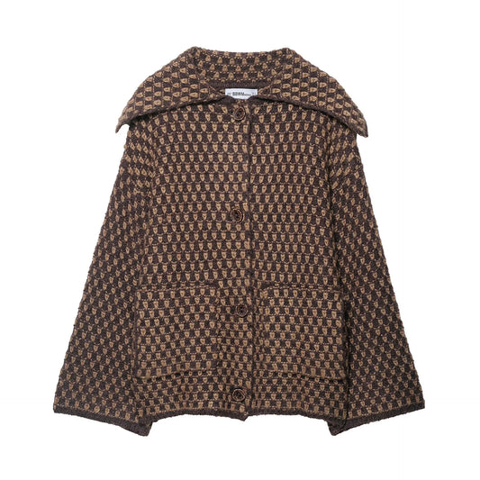 Women Oversized Knitted Jacket | Large Collar | Street Style | Geometric Pattern