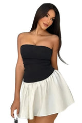 Women Contrast Patchwork Pleated Mini Dress | Boat Neck Slim Fit Party Dress
