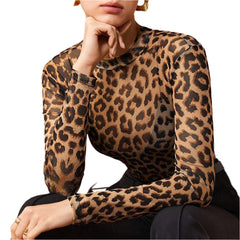 Women Leopard Long Sleeve Mesh Top | Basic Crew Neck Cheetah Print Top | See Through Top