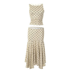 Women Polka Dot Long Skirt | Sleeveless Vest Top | Pleated Skirt Set | Office Dress Set